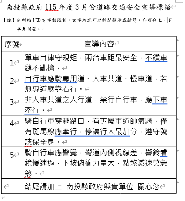 115年度3月份道路交通安全宣導標語